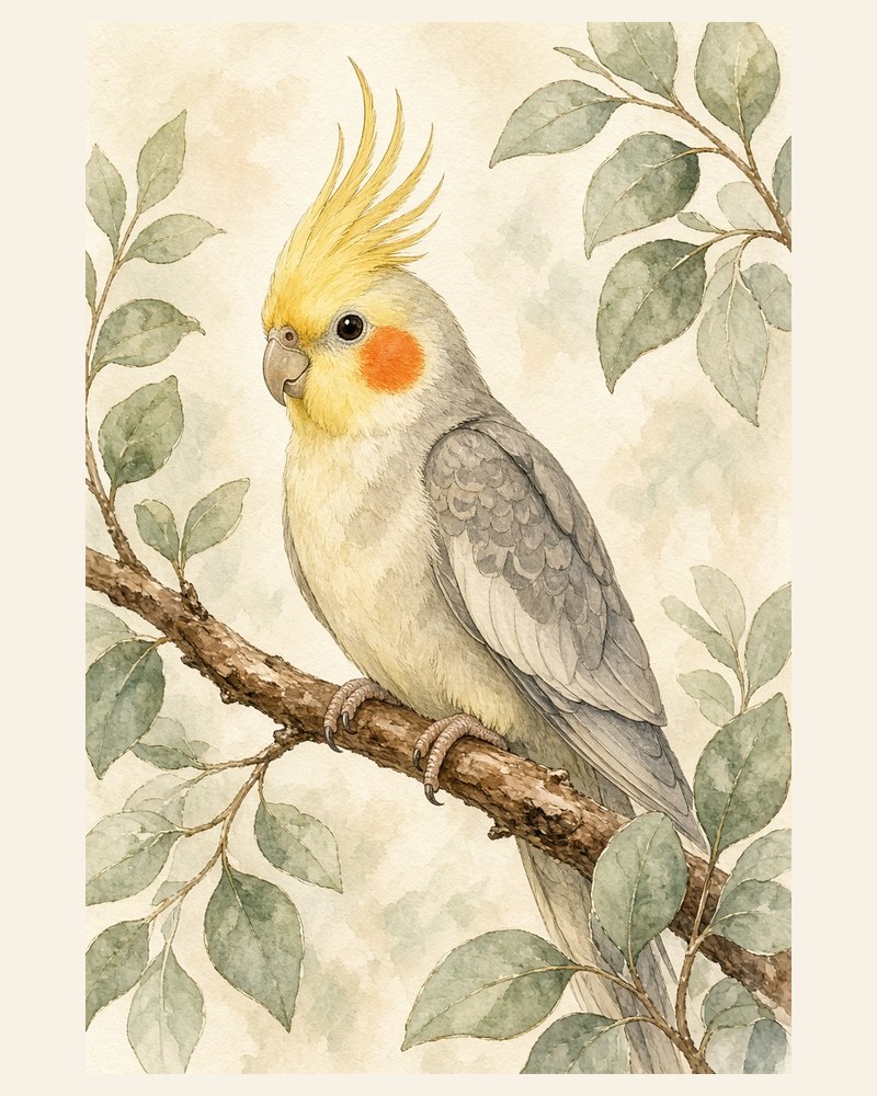 Watercolor of a cockatiel on a branch