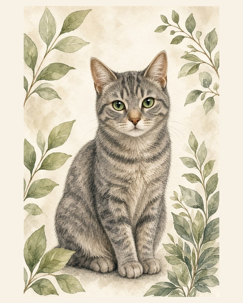 Watercolor of a grey tabby cat