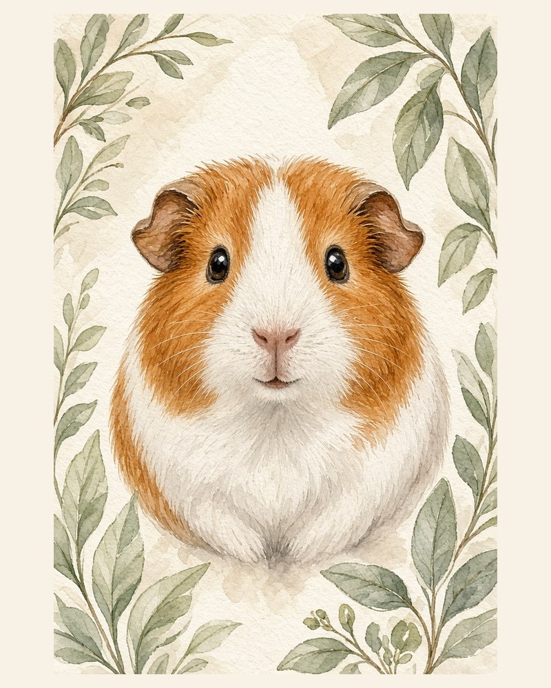 Watercolor of a ginger and white guinea pig